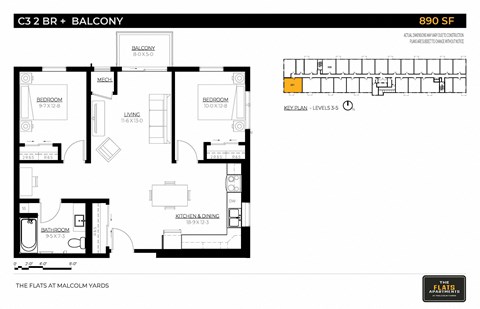 Floor plan for 2 beds, 1 bath, 890 sqft